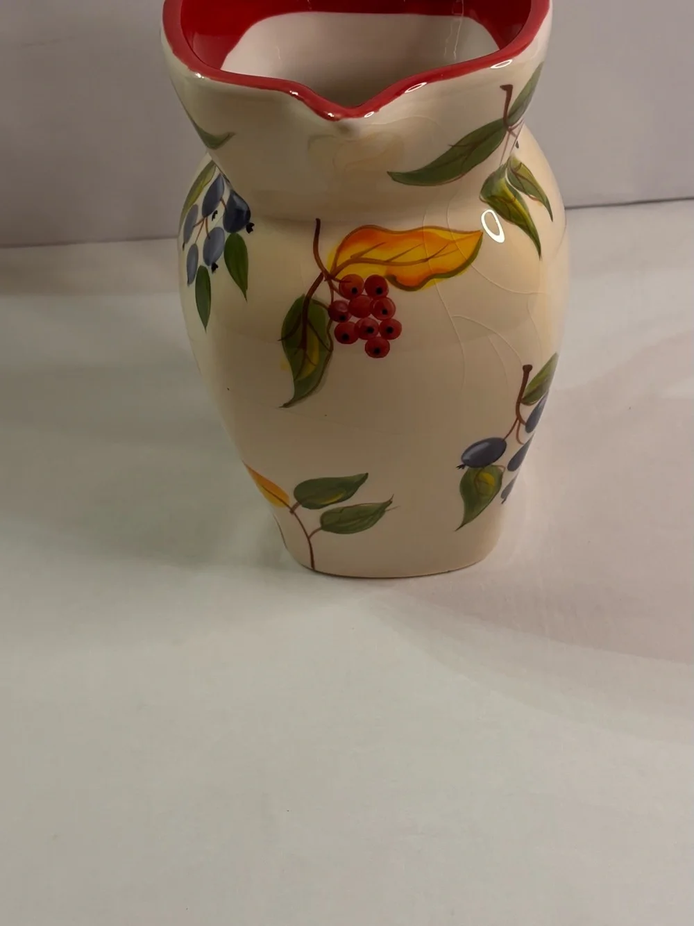 Hand-Painted Ceramic Fruit Pitcher - Cream Exterior with Red Interior - Picture 4 of 10